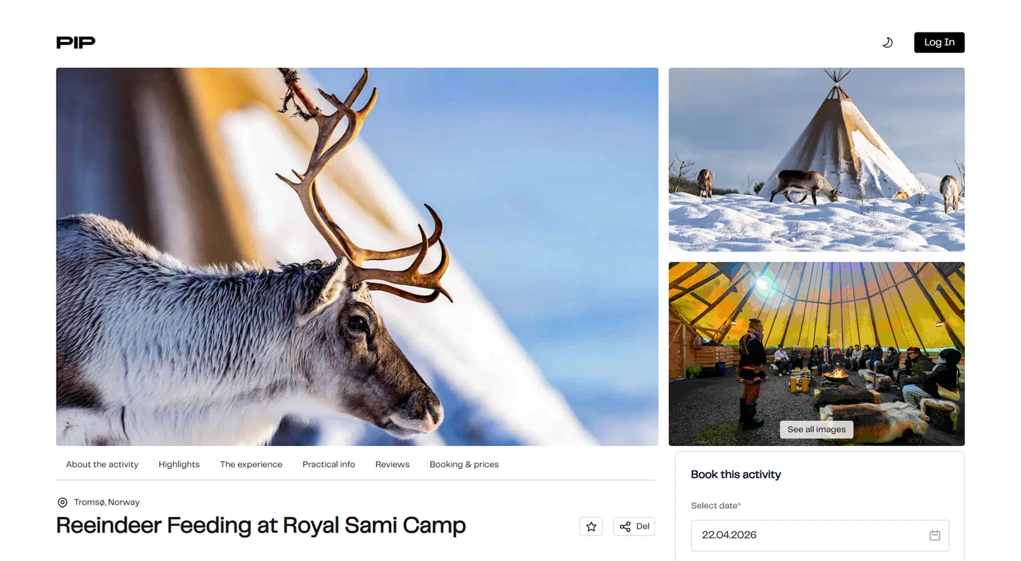 En aktivitetsside på pip.travel: Reindeer Feeding at Royal Sami Camp, med bilder og bookingskjema
